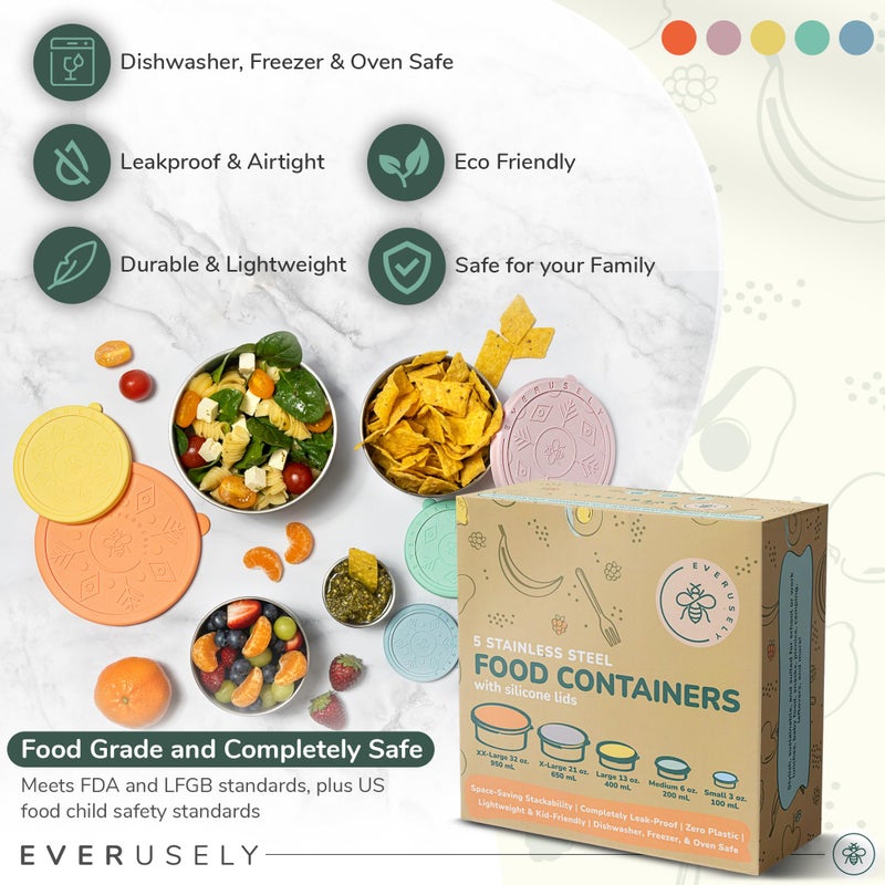 Everusely - Stainless Steel Containers with Lids - Set of 5, Bright Collection - Leakproof Stainless Steel Food Containers - Nesting Snack Holders - Metal Lunch Box - Portable & Reusable Meal Kit - Image 4